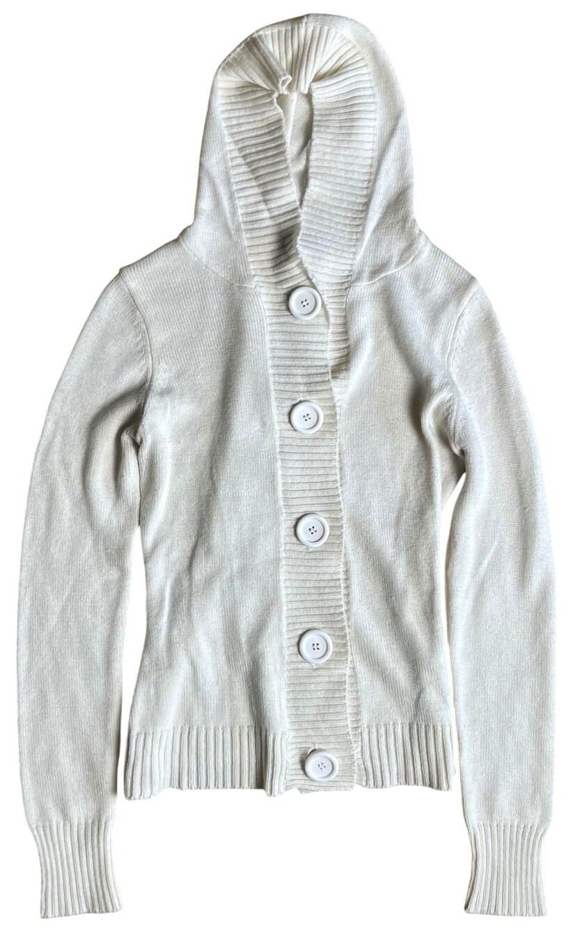 Takeout Cardigan Womens M White Hooded Pockets Button Knit Slim High Neck